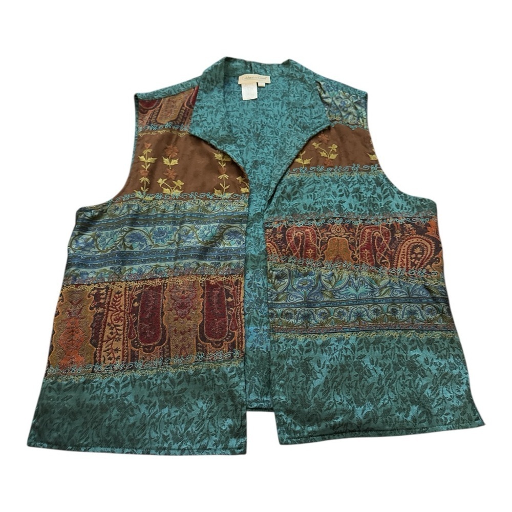Coldwater Creek Teal Patchwork Silk Vest Womens Large Boho Western Artsy - Picture 2 of 6